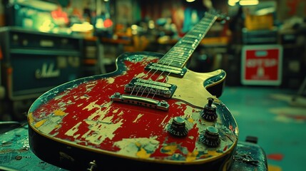 A vintage red electric guitar with worn paint and chrome hardware sits on a stool in a music shop.