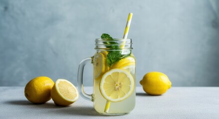Fresh lemonade in mason jar with mint striped straw