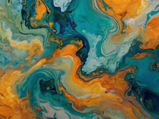 Abstract Swirling Liquid Painting in Blue  Green  and Orange Tones