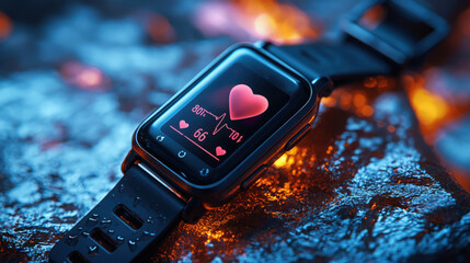 Health monitoring smartwatch displaying heart rate and rhythm on a reflective surface