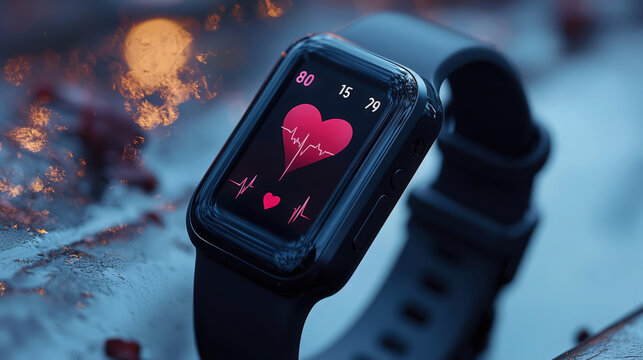 Smartwatch displaying a heart rate monitor on a rustic surface in soft lighting