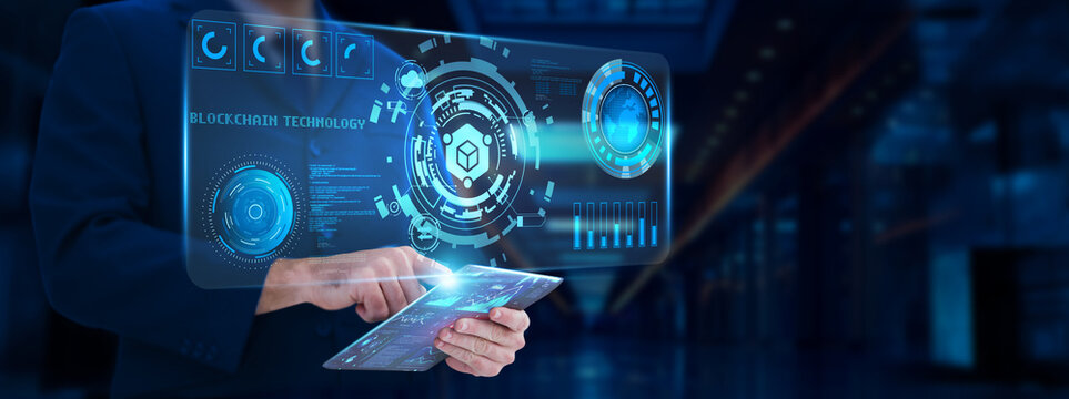 Blockchain Technology: Security, businessman analyzing and monitoring technological advancements, decentralization, smart contracts, cryptocurrency, transparency.