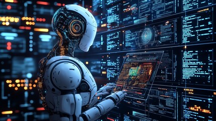 Fototapeta premium Advanced AI robot analyzing real-time data on multiple digital screens, showcasing futuristic artificial intelligence technology and data processing in a high-tech environment.