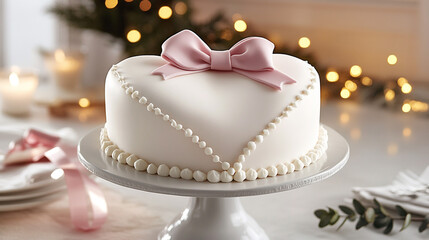 Heart Shaped Cake with Pink Bow and White Decorations for Wedding  Birthday or Anniversary