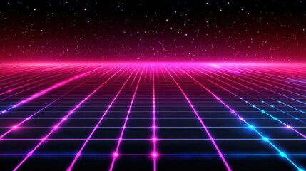 Neon glow grid, dark background with electric pink and blue lines