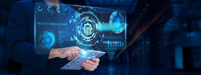 Project Management: Planning, businessman analyzing and monitoring technological progress tracking, resource allocation, risk management, timeline management, team collaboration.