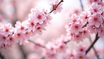 Naklejka premium Cherry blossom branches in full bloom, serene mood, captured in soft focus with pink petals, spring beauty
