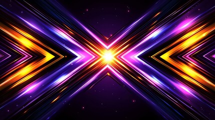 Vibrant Abstract Background with Intersecting Neon Light Trails Forming a Radiant Central Burst of Energy and Color in Purple, Pink, and Gold Hues