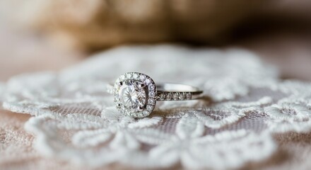 Fototapeta premium Elegant diamond engagement ring on lace fabric