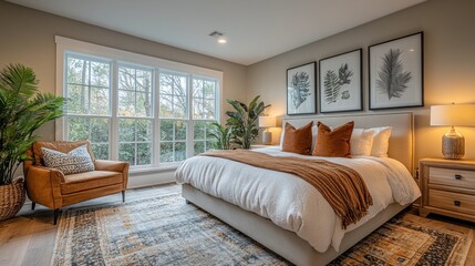 A cozy bedroom with a large window, a king-size bed, and a comfortable armchair.