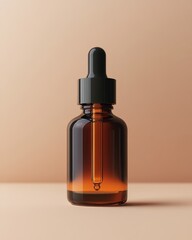Minimalist Amber Glass Dropper Bottle for Skincare or Essential Oils on Neutral Background, Emphasizing Natural Beauty and Wellness