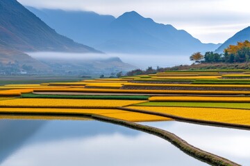 A tranquil lake at sunrise surrounded by colorful foliage and golden rice fields in the early morning mist