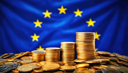 Financial Stability In The European Union. Stack Of Golden Coins Against Eu Flag Backdrop. It Symbolizes The Financial Stability And Economic Prosperity Within The European Union