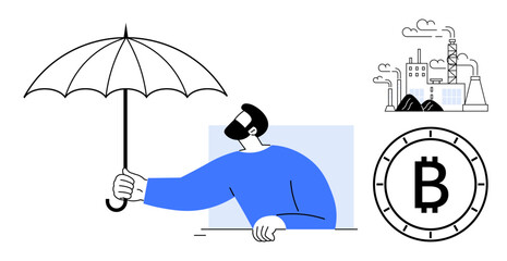 Man holding umbrella symbolizing protection, with Bitcoin logo representing digital currency, and industrial factory for manufacturing. Ideal for financial security, cryptocurrency, industry