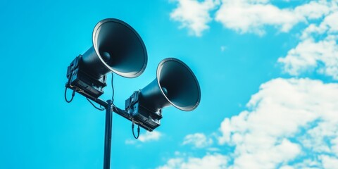 The image depicts loudspeakers that are mounted on a sturdy pole against a vivid blue sky, utilized specifically for disseminating public alerts and important announcements throughout urban areas