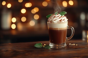 coffee shop ambiance, a warm peppermint mocha on a wooden bar lit softly with room for text