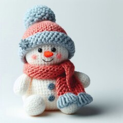 A cozy, knitted snowman with a cute smile, wearing a fluffy pom-pom hat and a warm scarf on white backdrop. AI generated.
