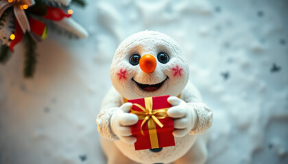 Smiling snowman holding christmas gifts with red ribbons in a snowy landscape with snowflakes imprinted on the ground creates a festive winter scene.