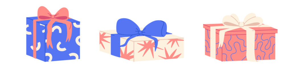 Christmas gift box wrapped in decorative paper with bow and ribbon. For holiday and birthday presents. Flat vector illustration isolated on white background.