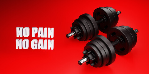 No pain no gain. Bodybuilding banner with dumbbell. 3d render.