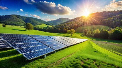  Solar panels on green hillside capturing renewable energy at sunrise