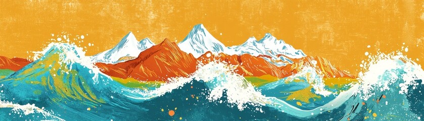 Obraz premium Experience the majesty of nature through vibrant waves and majestic mountains in this stunning landscape illustration