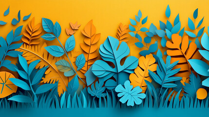 Obraz premium Blue and Orange Paper Cutout Tropical Leaves on Yellow Background