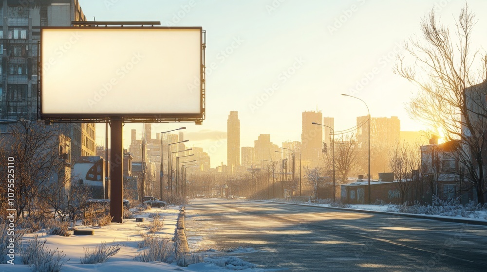 Poster The sun rises over a desolate street, casting a warm glow on an empty roadway lined with unused billboards, surrounded by frost-covered buildings in a cityscape during winter.