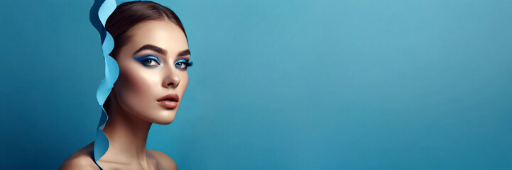 Portrait of a woman against a solid blue background. Her makeup is bold, with vibrant blue eyeshadow and perfectly groomed eyebrows that complement the theme of the image. Banner