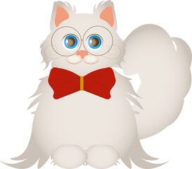 white cat with bow tie and glasses, cute character for kids, childrens illustration isolated on white
