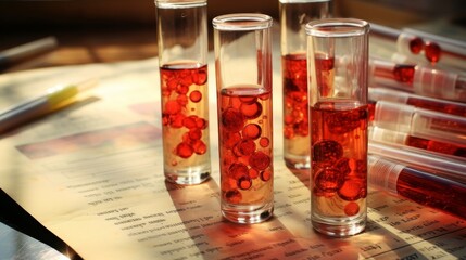 Blood analysis and test with sample in glass tube for medical research and diagnosis