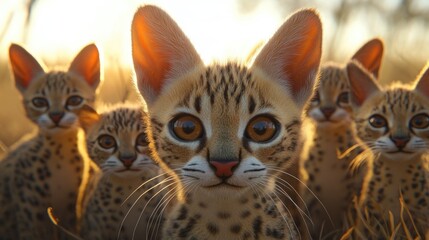 Obraz premium Curious group of young serval cats gazing directly at the camera captured during golden hour with an ultra wide angle lens