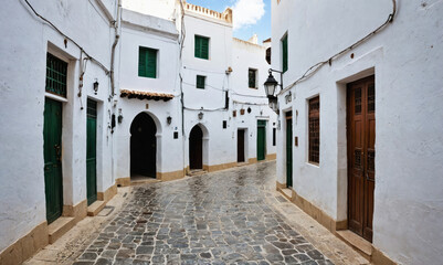 Obraz premium A narrow, cobblestone street lined with whitewashed buildings in a small, coastal town