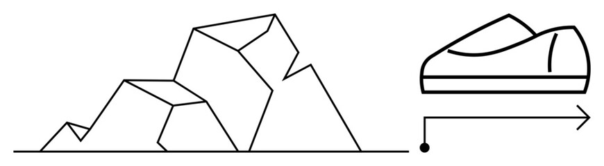 Geometric mountain range next to a simplified shoe and directional arrow. Ideal for outdoor activities, travel, hiking, navigation, sports, adventure, nature. Line metaphor