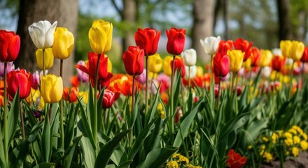 Obraz premium Vibrant tulip garden in full spring bloom