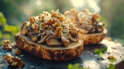 Macro Shot with Shallow Depth of Field Mushroom Bruschetta Topped with Parmesan and Walnuts