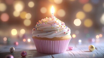 Cupcake topped with cream frosting and sprinkles featuring a lit candle ideal for a festive celebration theme
