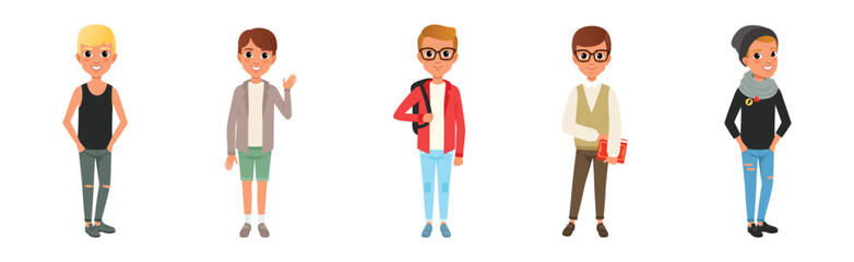 Young Man Modern Student Character Standing in Casual Fashion Wear Vector Set