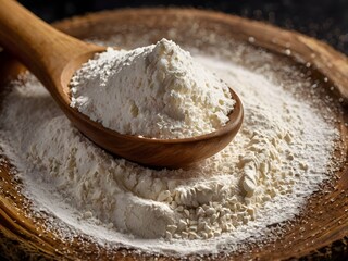Wooden Spoon with White Flour on Rustic Wood Background