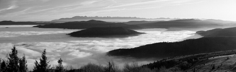 Widok z Mogielicy, czarno biały, Beskid Wyspowy