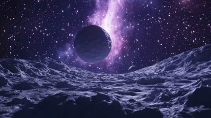 Fototapeta premium Luminous celestial body in orbit showcasing the lunar landscape Cosmic nebula filled with stars asteroids and a galaxy in the vastness of space