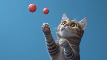 Cat training to perform treat commands against a blue backdrop