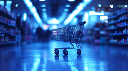 Supermarket aisle with empty shopping cart.