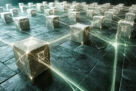 3D visualization of a decentralized blockchain structure, with individual data blocks linked by illuminated lines; each block containing abstract cryptocurrency symbols, in a dark space with glowing b