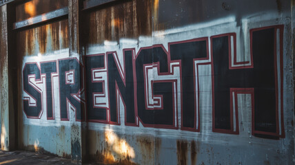 A striking mural featuring the word 'STRENGTH' in bold, black and red letters against a weathered...