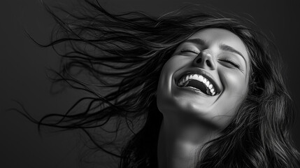 Obraz premium Kobieta śmieje się radośnie, a wiatr rozwiewa jej włosy, tworząc dynamiczny obraz pełen energii i beztroski. Naturalna radość emanuje z jej twarzy, oddając atmosferę chwili.