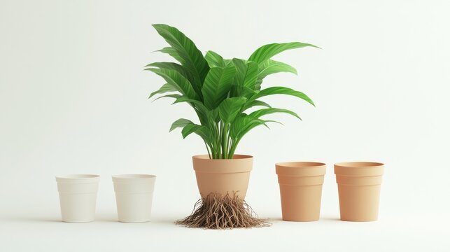 Repotting a houseplant with thick roots resembling a flower pot featuring an exotic plant beside empty plastic and ceramic pots on a white background