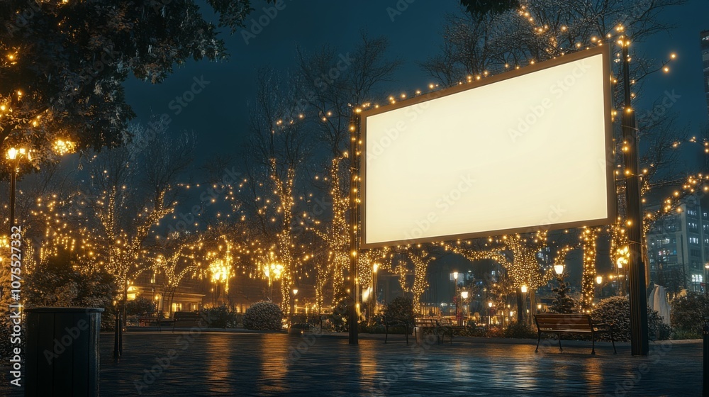 Poster a serene park is illuminated at night with twinkling lights adorning trees and benches. an empty bil