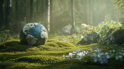 Globe Resting on Moss in Lush Forest Eco Friendly Theme