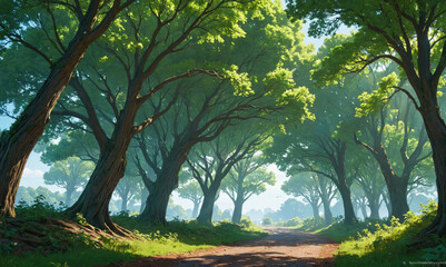 Obraz premium A dirt path winds through a lush forest, sunlight filtering through the leaves